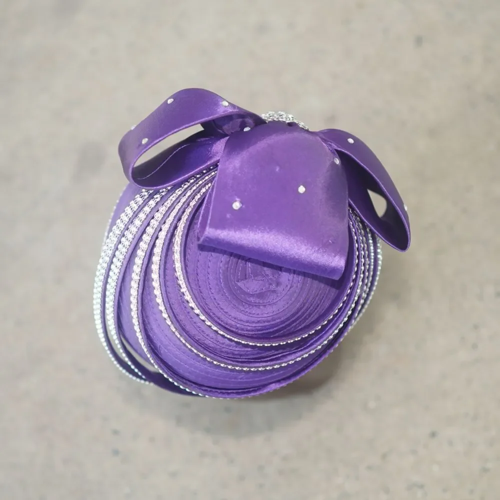 Purple Ribbon Straw Church Hat Rhinestone Bow Vintage Style Pillbox Cloche 7.5”